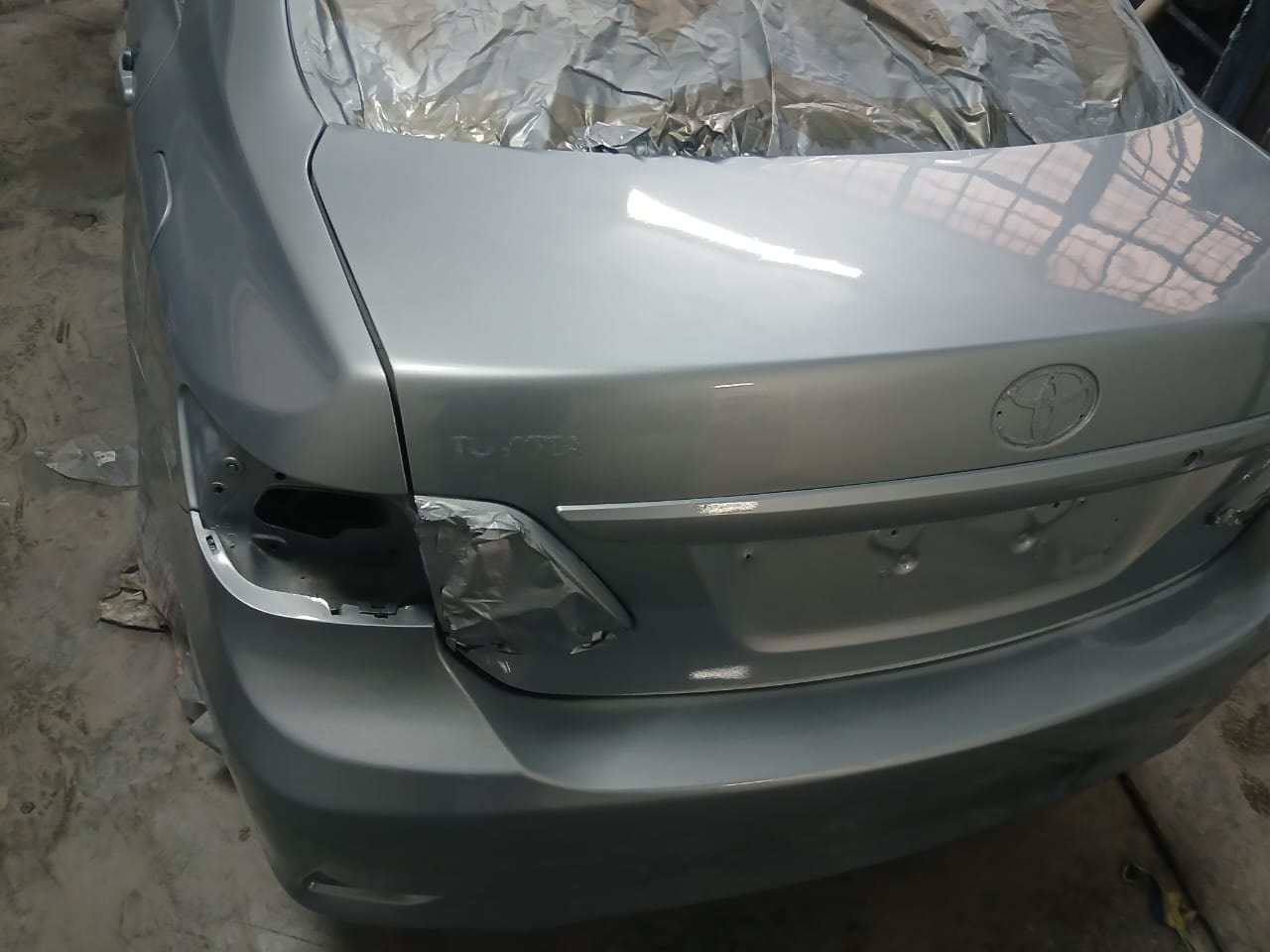 Toyota Corolla rear bumper and boot lid resprayed in metallic silver, Maitland Cape Town